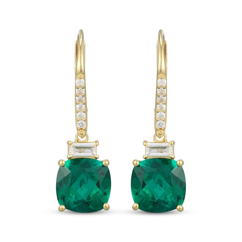 Main Image 2 of Cushion-Cut Lab-Created Emerald & White Lab-Created Sapphire Drop Earrings 18K Yellow Gold-Plated Sterling Silver