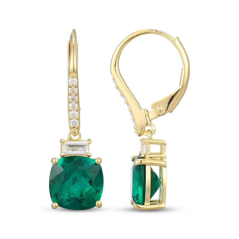 Main Image 3 of Cushion-Cut Lab-Created Emerald & White Lab-Created Sapphire Drop Earrings 18K Yellow Gold-Plated Sterling Silver