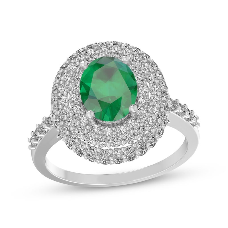 Main Image 1 of Oval-Cut Lab-Created Emerald & White Lab-Created Sapphire Triple Halo Ring Sterling Silver