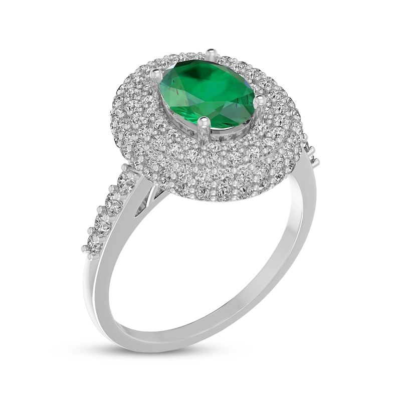 Main Image 2 of Oval-Cut Lab-Created Emerald & White Lab-Created Sapphire Triple Halo Ring Sterling Silver