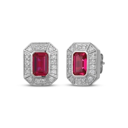 Men's Emerald-Cut Ruby & Diamond Frame Stud Earrings 1/5 ct tw 10K White Gold