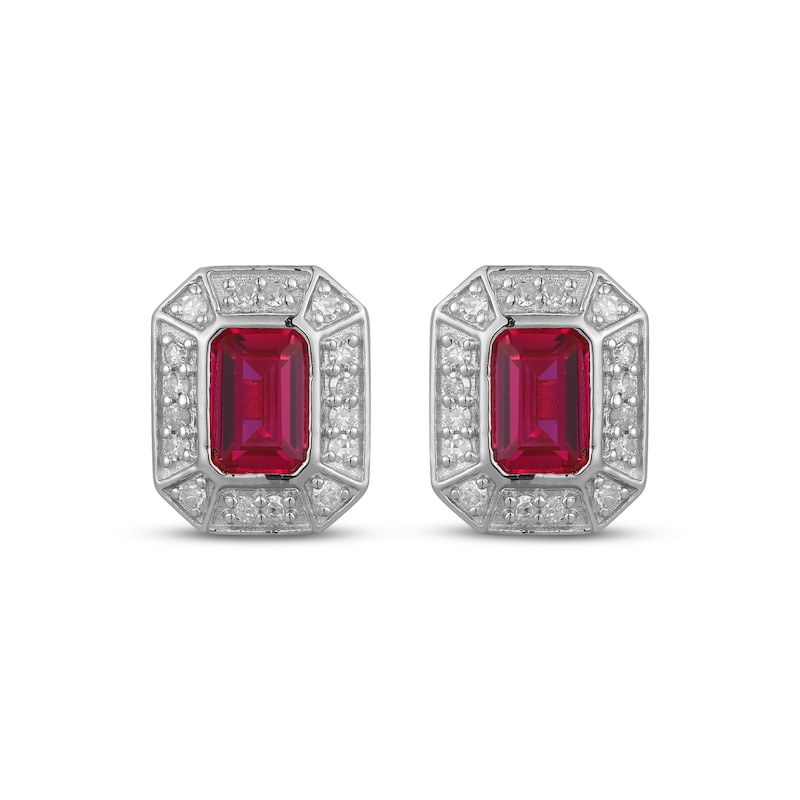 Main Image 2 of Men's Emerald-Cut Ruby & Diamond Frame Stud Earrings 1/5 ct tw 10K White Gold