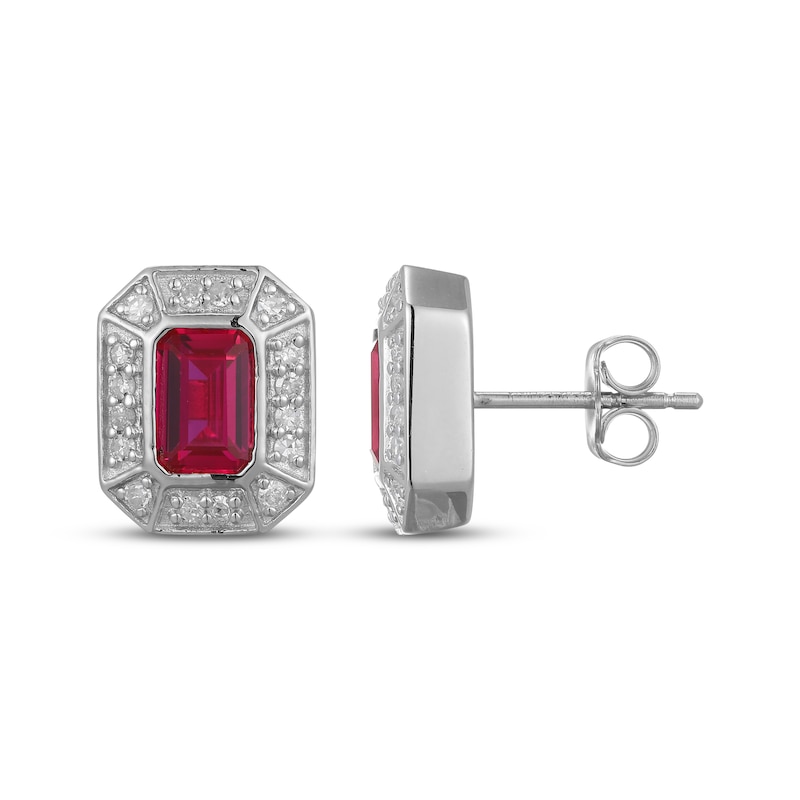 Main Image 3 of Men's Emerald-Cut Ruby & Diamond Frame Stud Earrings 1/5 ct tw 10K White Gold