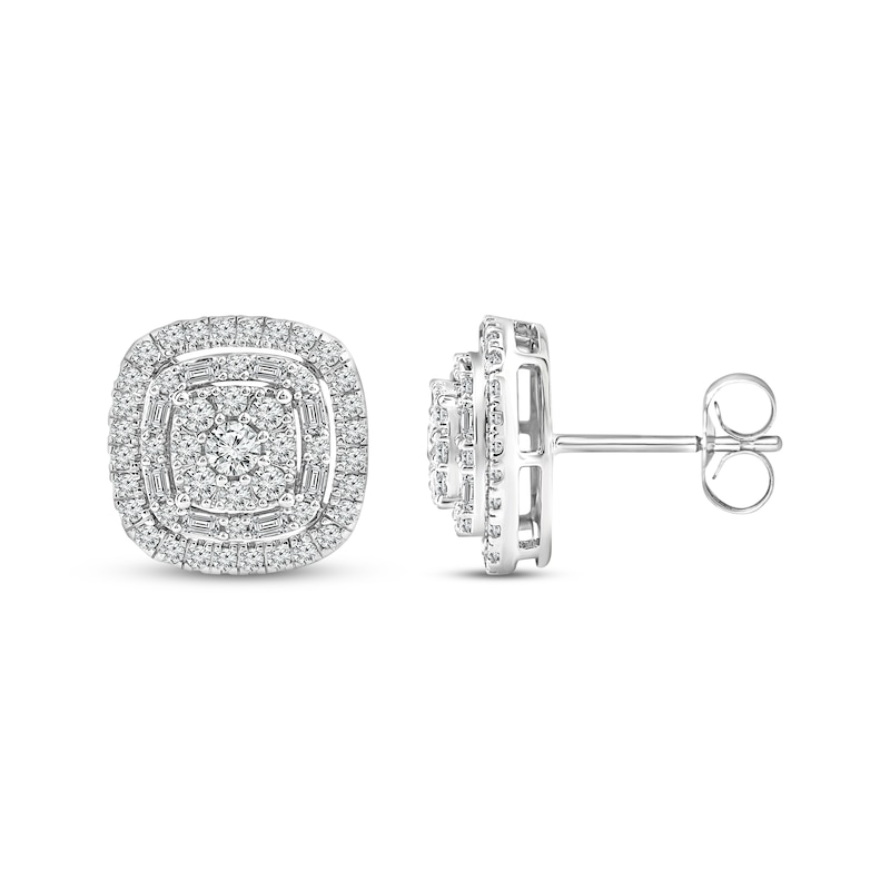 Main Image 1 of Round & Baguette-Cut Diamond Stud Earrings 1 ct tw 10K White Gold