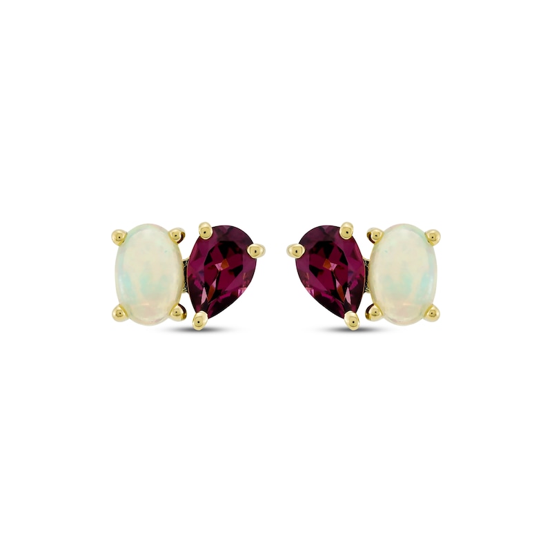 Main Image 2 of Toi et Moi Oval-Cut Opal & Pear-Shaped Rhodolite Garnet Earrings 10K Yellow Gold