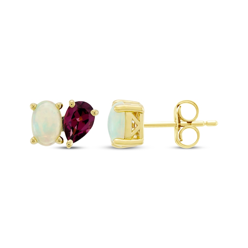 Main Image 3 of Toi et Moi Oval-Cut Opal & Pear-Shaped Rhodolite Garnet Earrings 10K Yellow Gold