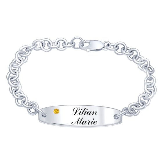 Children's Birthstone Engravable Rolo Link ID Bracelet (1 Stone and 4 Lines)