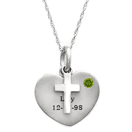 Birthstone Engravable Cross Heart Necklace (1 Stone and 2 Lines)