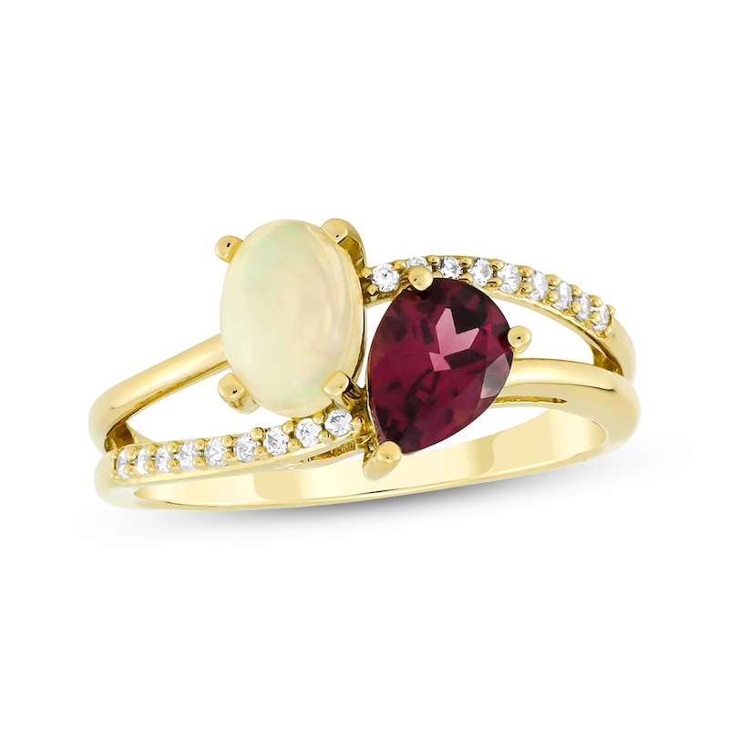 Main Image 1 of Toi et Moi Oval-Cut Opal & Pear-Shaped Rhodolite Garnet Ring 1/10 ct tw Diamonds 10K Yellow Gold