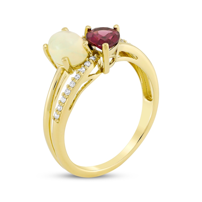 Main Image 2 of Toi et Moi Oval-Cut Opal & Pear-Shaped Rhodolite Garnet Ring 1/10 ct tw Diamonds 10K Yellow Gold