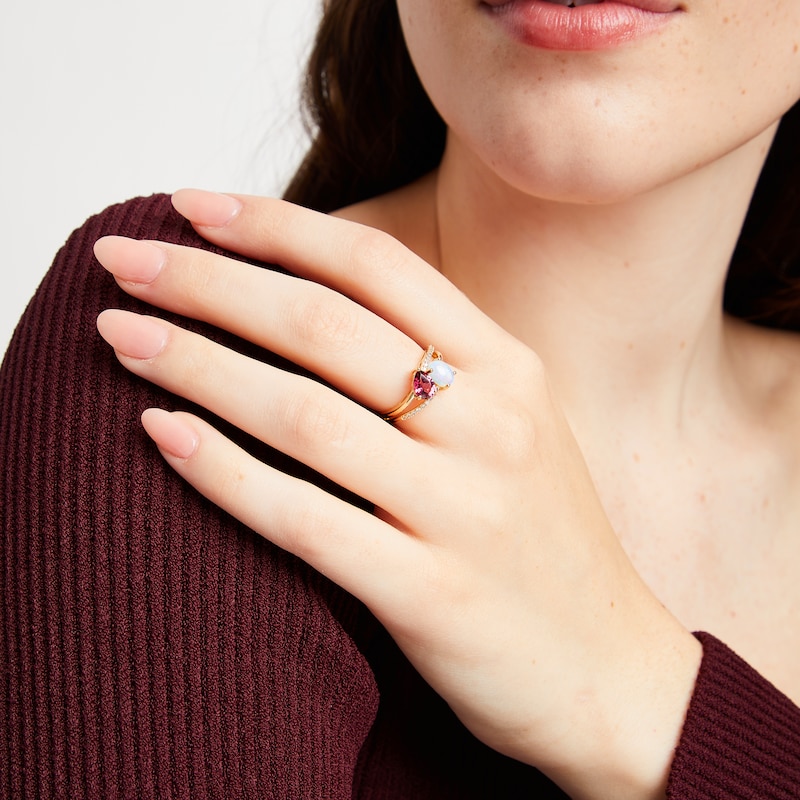 Main Image 3 of Toi et Moi Oval-Cut Opal & Pear-Shaped Rhodolite Garnet Ring 1/10 ct tw Diamonds 10K Yellow Gold