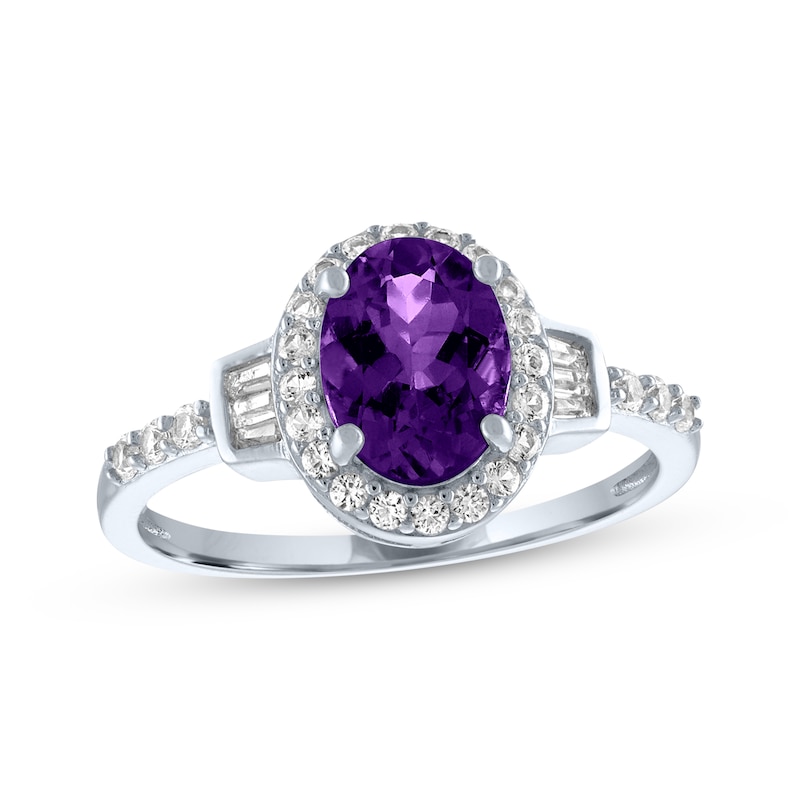 Main Image 1 of Oval-Cut Amethyst & White Lab-Created Sapphire Halo Ring Sterling Silver