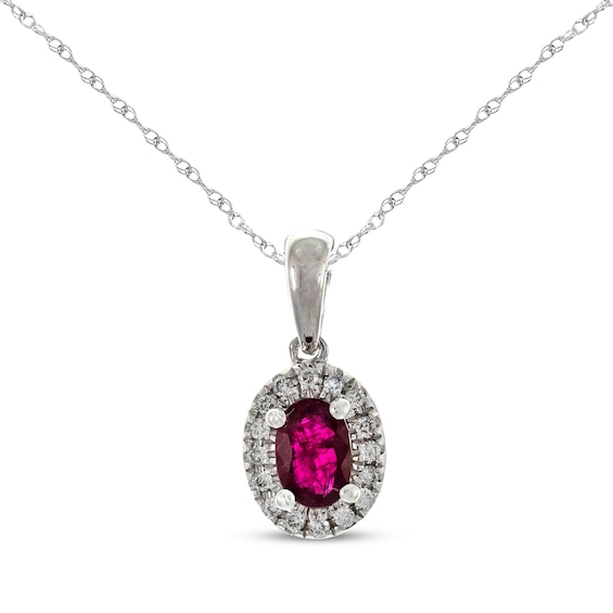Oval-Cut Natural Ruby & Diamond Necklace 1/10 ct tw 10K White Gold 18"