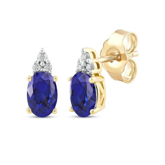 Oval-Cut Natural Blue Sapphire & Diamond Earrings 1/20 ct tw 14K Yellow Gold
