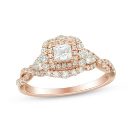 Memories, Moments, Magic Princess-Cut Diamond Double Halo Three-Stone Engagement Ring 1 ct tw 14K Rose Gold