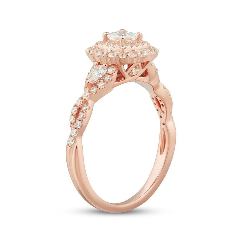Memories, Moments, Magic Princess-Cut Diamond Double Halo Three-Stone Engagement Ring 1 ct tw 14K Rose Gold