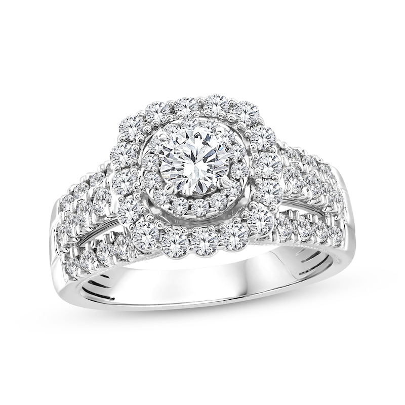 Main Image 1 of Round-Cut Diamond Double Halo Engagement Ring 1-1/2 ct tw 14K White Gold