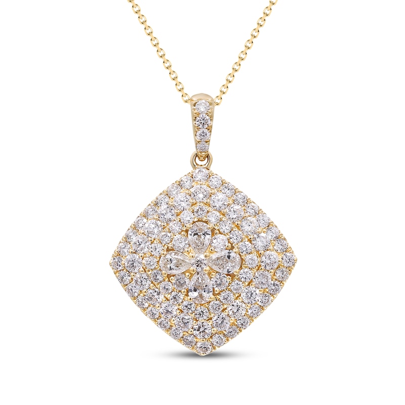 Pear-Shaped & Round-Cut Diamond Tilted Cushion Necklace 3-1/8 ct tw 14K Yellow Gold 18"