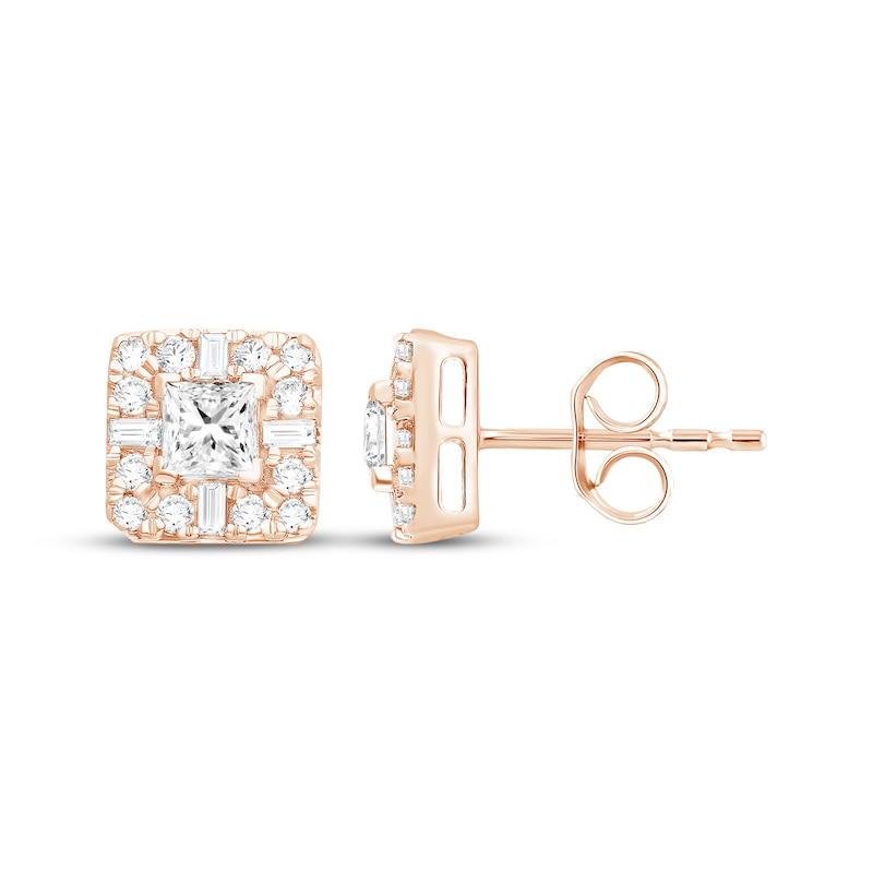 Main Image 1 of Lab-Grown Diamonds by KAY Princess, Baguette & Round-Cut Stud Earrings 1 ct tw 14K Rose Gold