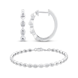 Diamond Curve Link Bracelet & Hoop Earrings Set 1/4 ct tw Sterling Silver