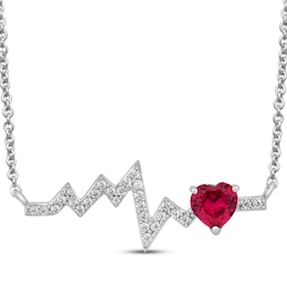 Heart-Shaped Lab-Created Ruby & White Lab-Created Sapphire Heartbeat Necklace Sterling Silver 18&quot;