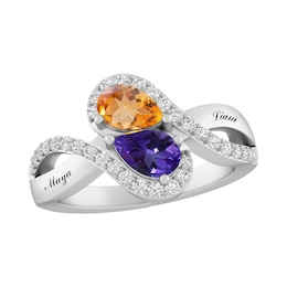 Halo Pear Birthstone Bypass Couple's Ring (2 Stones and Lines)