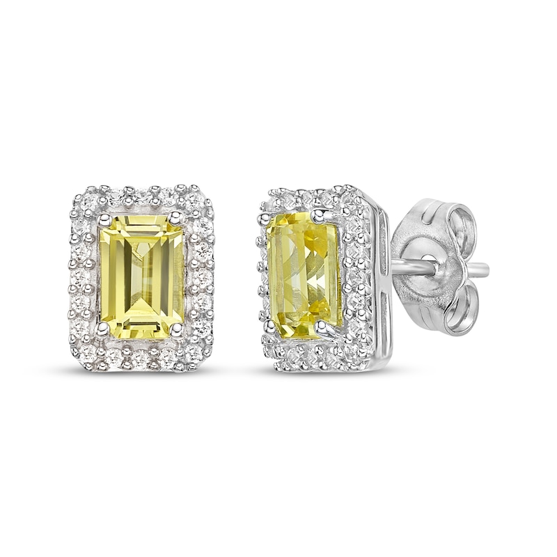 Main Image 1 of Gems of Serenity Emerald-Cut Yellow & White Lab-Created Sapphire Halo Earrings Sterling Silver