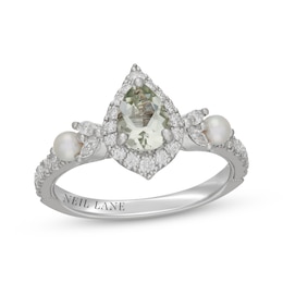 Neil Lane Pear-Shaped Green Quartz, Diamond & Cultured Akoya Pearl Engagement Ring 1/2 ct tw 14K White Gold