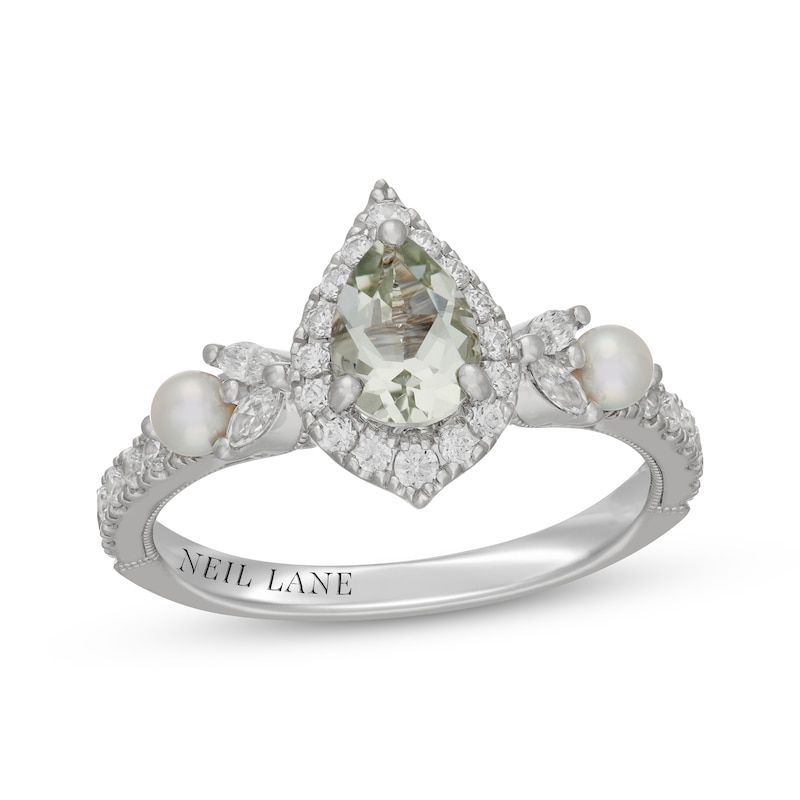 Main Image 1 of Neil Lane Pear-Shaped Green Quartz, Diamond & Cultured Akoya Pearl Engagement Ring 1/2 ct tw 14K White Gold