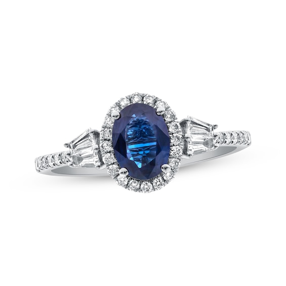 Oval-Cut Natural Blue Sapphire & Diamond Ring 1/3 ct tw 14K White Gold