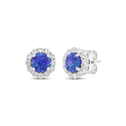 Black Lab-Created Opal & White Lab-Created Sapphire Halo Stud Earrings Sterling Silver