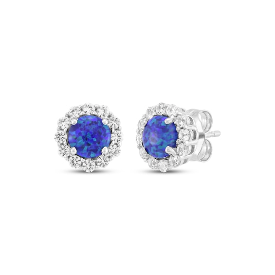 Black Lab-Created Opal & White Lab-Created Sapphire Halo Stud Earrings Sterling Silver