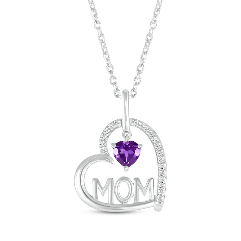 Heart-Shaped Amethyst & White Lab-Created Sapphire "Mom" Tilted Heart Necklace Sterling Silver 18"