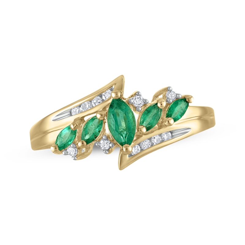 Main Image 1 of Marquise-Cut Emerald & Diamond Bypass Ring 1/10 ct tw 14K Yellow Gold