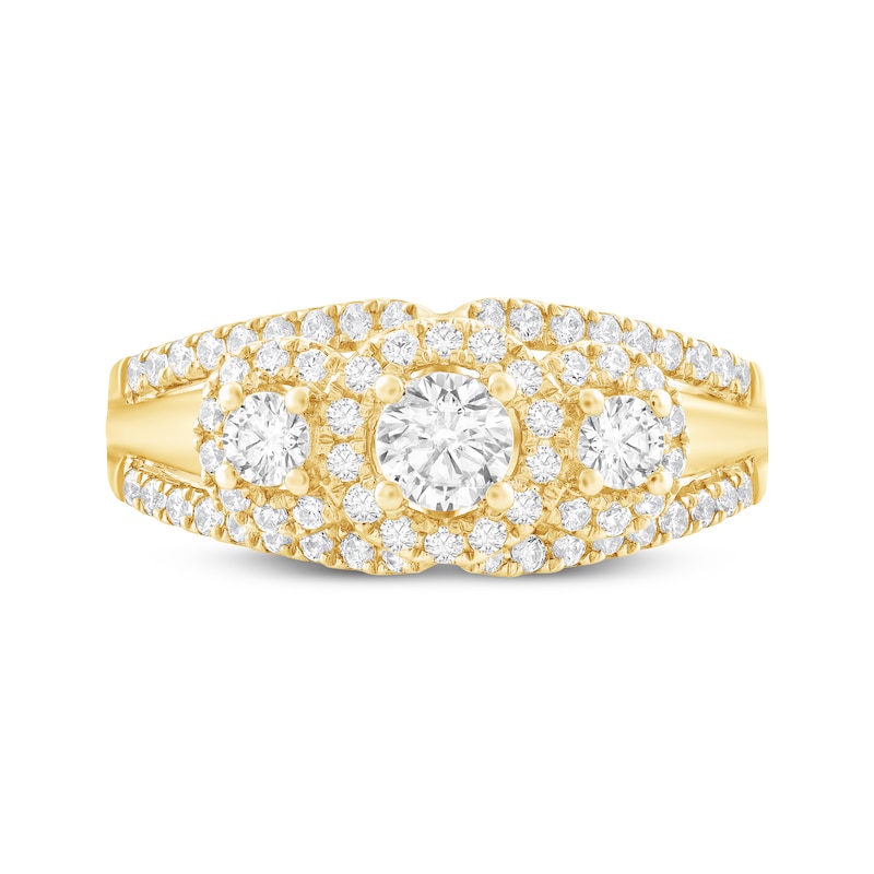 Main Image 3 of Round-Cut Diamond Three-Stone Engagement Ring 1 ct tw 14K Yellow Gold