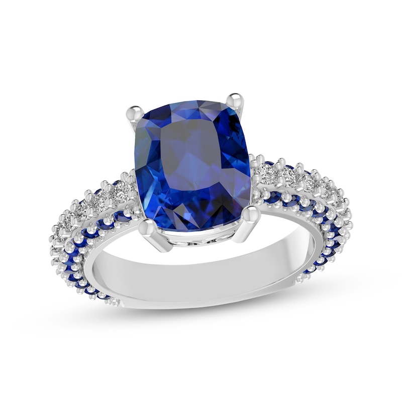 Main Image 1 of Cushion-Cut Blue Lab-Created Sapphire & White Lab-Created Sapphire Ring Sterling Silver