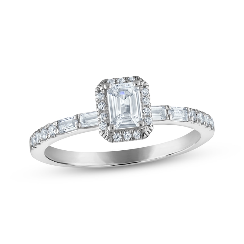 Main Image 1 of Emerald-Cut Diamond Halo Engagement Ring 3/4 ct tw 10K White Gold