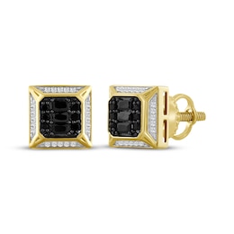 Men's Black & White Multi-Diamond Square Stud Earrings 1/2 ct tw 10K Yellow Gold