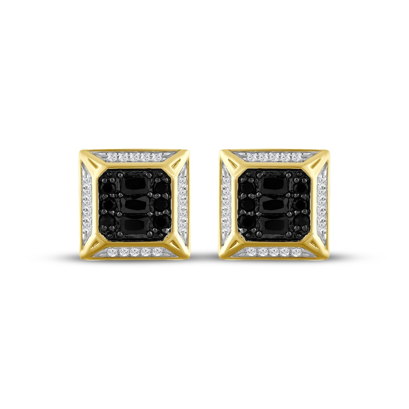 Main Image 2 of Men's Black & White Multi-Diamond Square Stud Earrings 1/2 ct tw 10K Yellow Gold