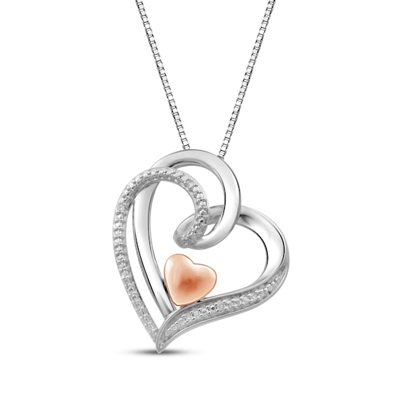 Diamond Accent Heart Necklace Sterling Silver & 10K Rose Gold 18"