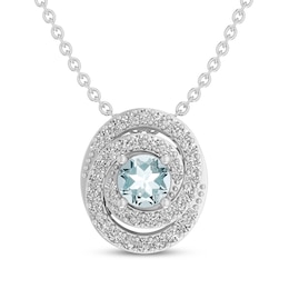 Aquamarine & White Lab-Created Sapphire Swirl Halo Necklace Sterling Silver 18&quot;