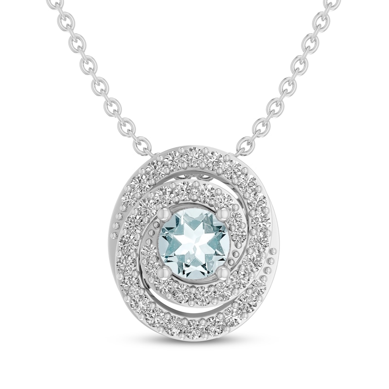 Aquamarine & White Lab-Created Sapphire Swirl Halo Necklace Sterling Silver 18"