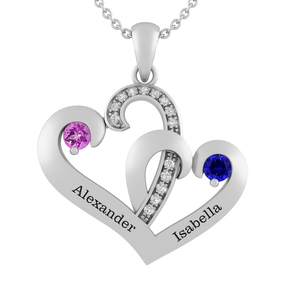 Round Birthstone Couple's Double Heart Necklace (2 Stones and Lines)