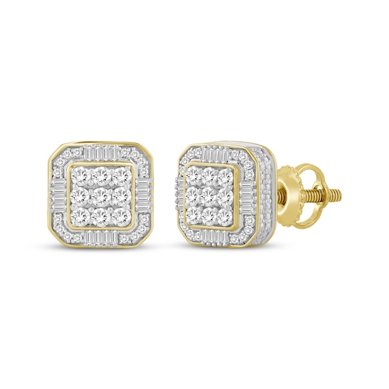 Baguette & Round-Cut Diamond Octagon Stud Earrings 1/2 ct tw 10K Yellow Gold