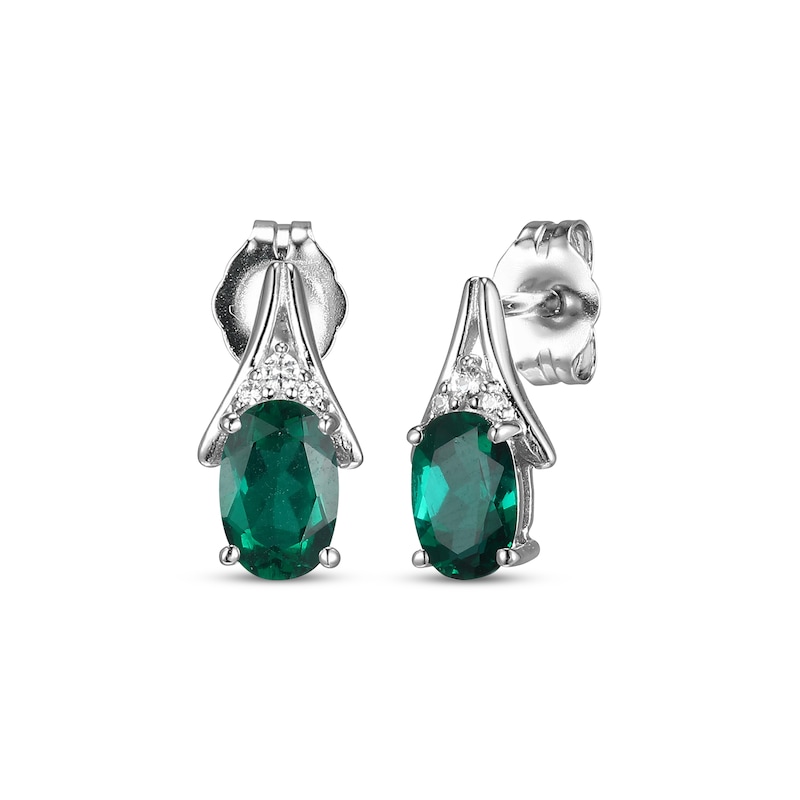 Oval-Cut Lab-Created Emerald & White Lab-Created Sapphire Earrings Sterling Silver