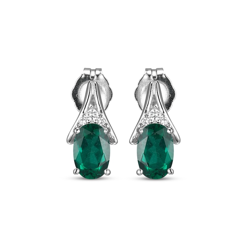 Oval-Cut Lab-Created Emerald & White Lab-Created Sapphire Earrings Sterling Silver
