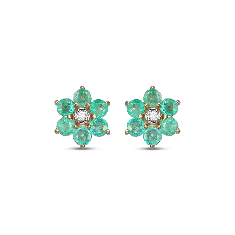 Main Image 2 of Natural Emerald & Diamond Accent Flower Stud Earrings 14K Yellow Gold