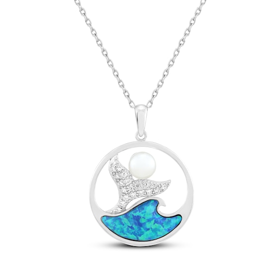 Cultured Pearl, Blue-Green Lab-Created Opal & White Lab-Created Sapphire Whale Tail Necklace Sterling Silver 18"