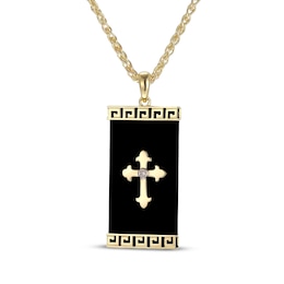 Men's Black Onyx & Diamond Accent Cross Necklace 10K Yellow Gold 22&quot;