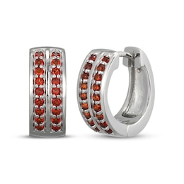 Men's Garnet Two-Row Huggie Hoop Earrings Sterling Silver